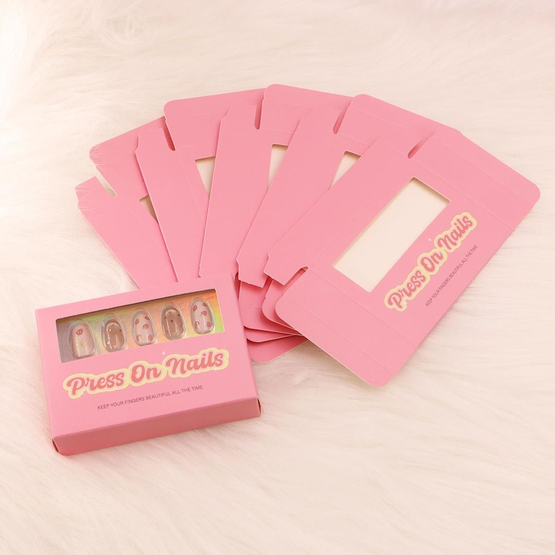 Custom Print Logo Pink Press-on Nail Packing Paper Boxes Artificial Nail Foldable Packaging Cardboard Gift Box with Clear Window – Press on Nail Packaging Box and Nail Box price