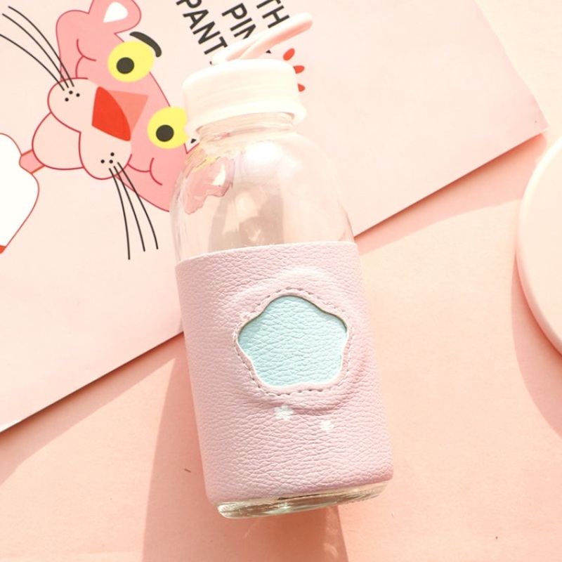 2 PCS Portable Cute Water Cup Leather Insulated Glass Cup with Leather Case