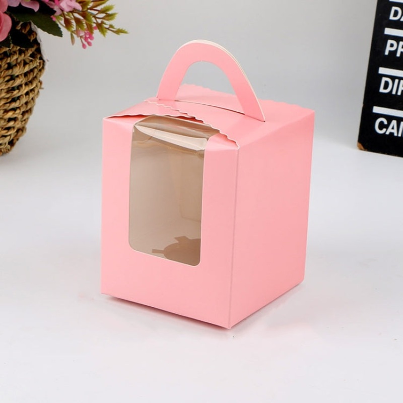 30 PCS Transparent Window 1 Piece Cardboard Portable Cup Cake Box Mousse Pastry Box Pink