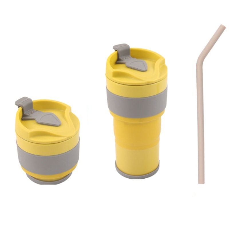 380ml Outdoor Travel Silicone Folding Eater Cup Sports Portable Retractable Compression Cup, Colour: Yellow Cup+Pink Straw
