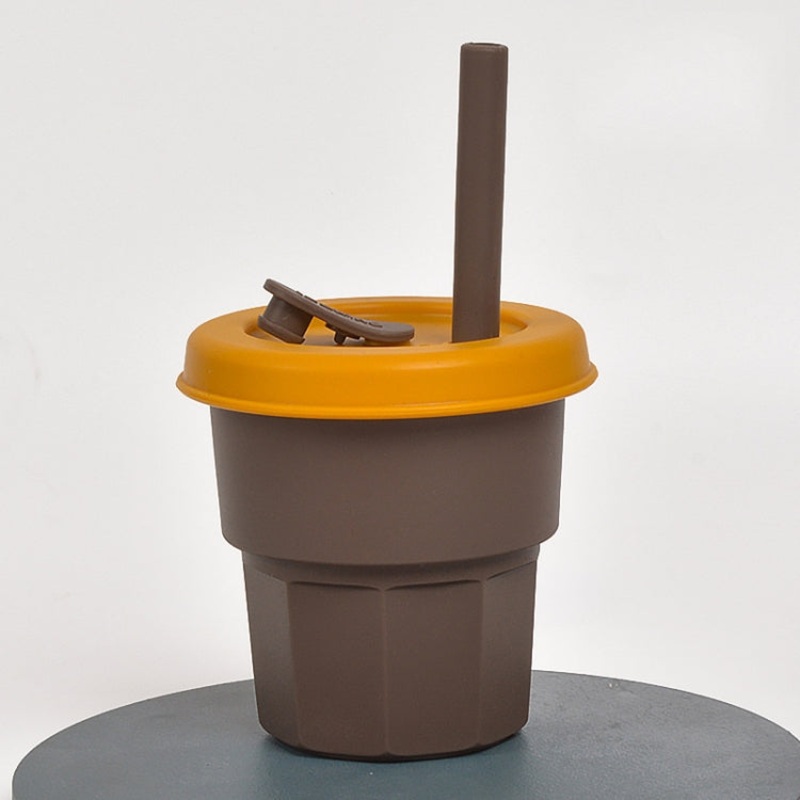 Children Silicone Straw Cups Drop And High Temperature Resistant Water Cups Brown Cup + Turmeric Cover(400ml)