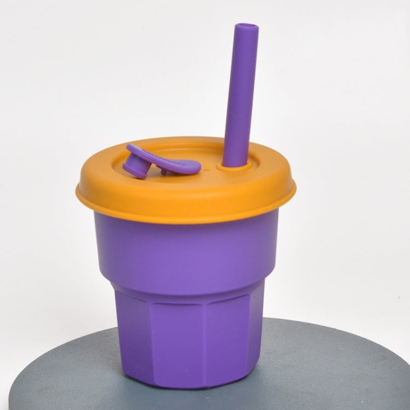 Children Silicone Straw Cups Drop And High Temperature Resistant Water Cups Purple Cup +Turmeric Cover(400ml)