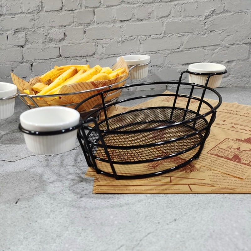 Wrought Iron Fruit Portable Storage Basket Bread French Fries Fried Snacks Portable Basket Double Cup Egg-shaped