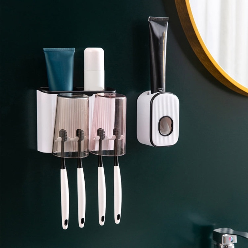 Bathroom Wall-mounted Punch-free Wash Cup Toothbrush Rack Squeeze Toothpaste Set Two Black(With Squeezer)