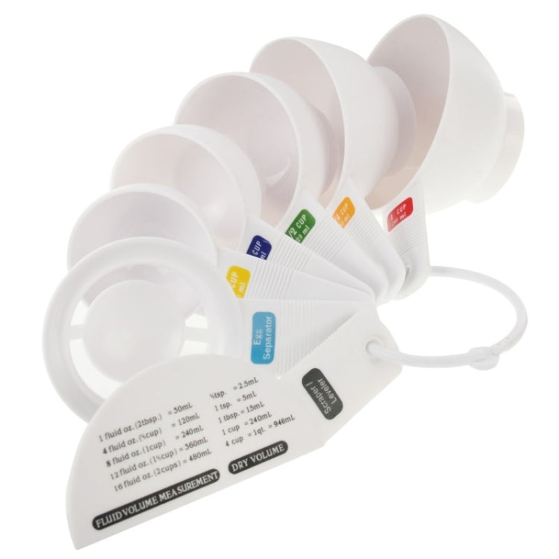 7pcs Kitchen Tool Plastic Measuring Cup, Including Scraper, Egg Separator, 1/4 Cup (60ml), 1/3 Cup (80ml), 1/2 Cup (120ml), 3/4 Cup (180ml), 1 Cup (240ml)(White)