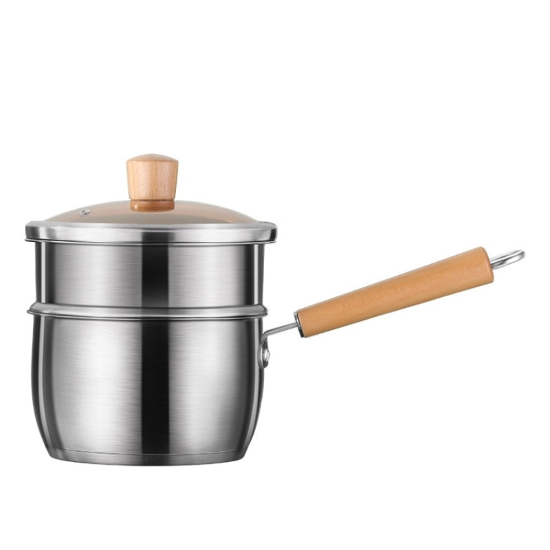Multi-Function 304 Stainless Steel Baby Complement Pot Wooden Handle Bottom Milk Pot(Steamed Milk Pot)
