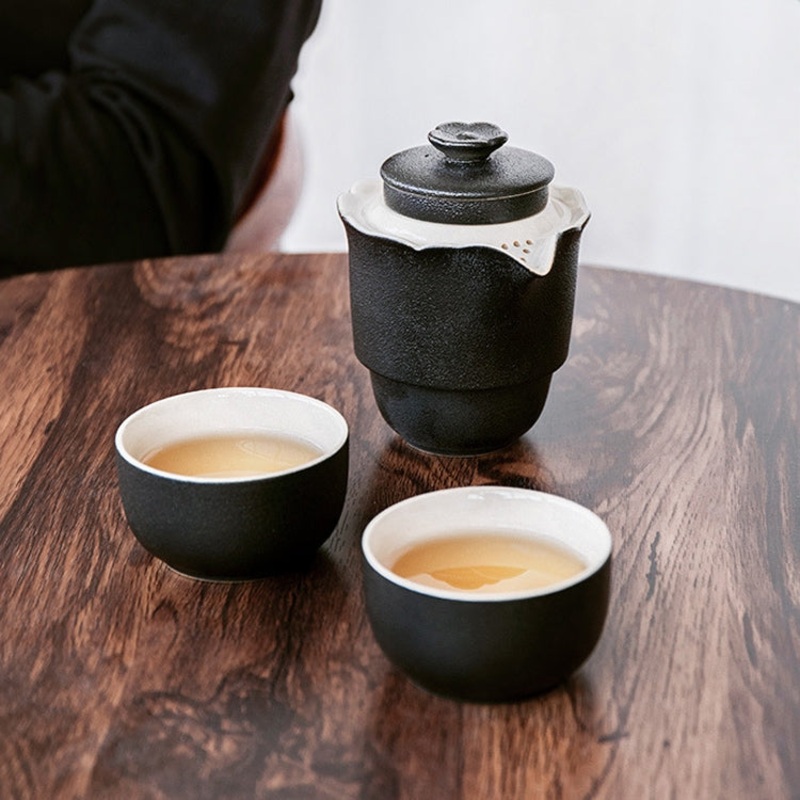 4 in 1 Teapot + Two Tea Cups + Storage Box Portable Travel Coarse Pottery Kung Fu Tea Set