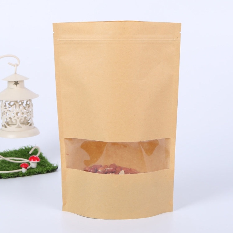 50 PCS Zipper Self Sealing Kraft Paper Bag with Window Stand Up for Gifts/Food/Candy/Tea/Party/Wedding Gifts, Bag Size:16×22+4cm