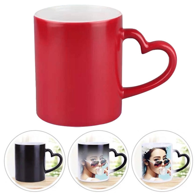 Creative Gift Personality Thermal Transfer Magic Cup Color Change Cup Ceramic Tea Cup Red Heart Handle Scrub
