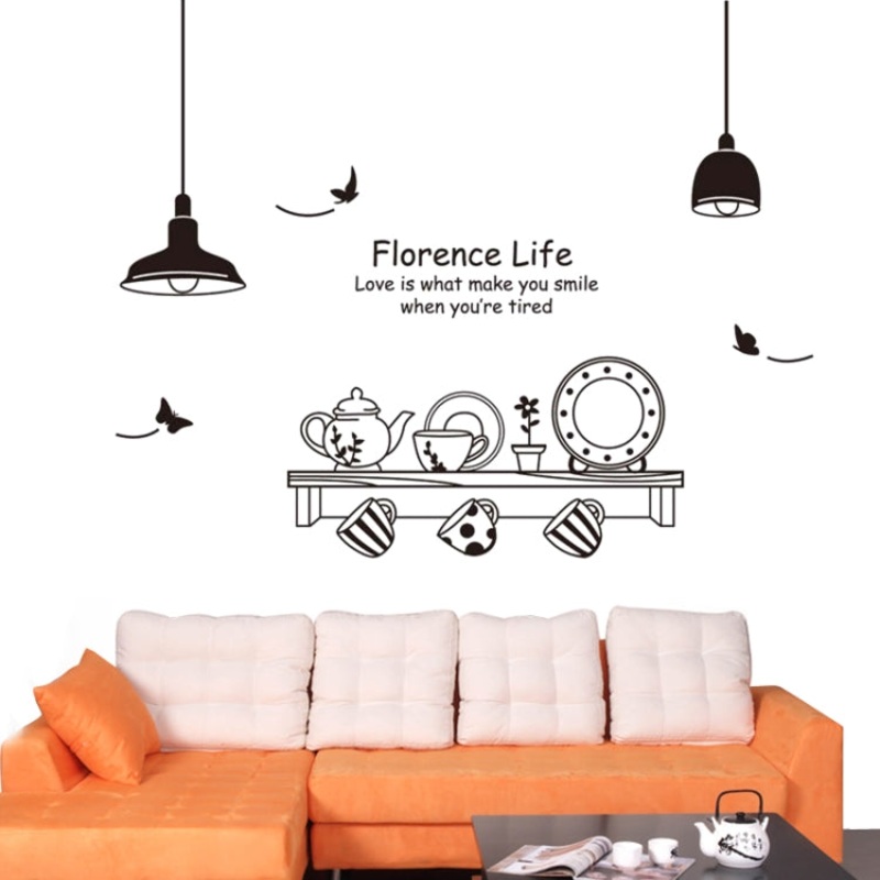 DIY Fashion Self Adhesive PVC Removable Wall Stickers / House Interior Decoration Pictures — Florence Life Cup Plate Teapot Sketch, Size: 90cm x 60cm
