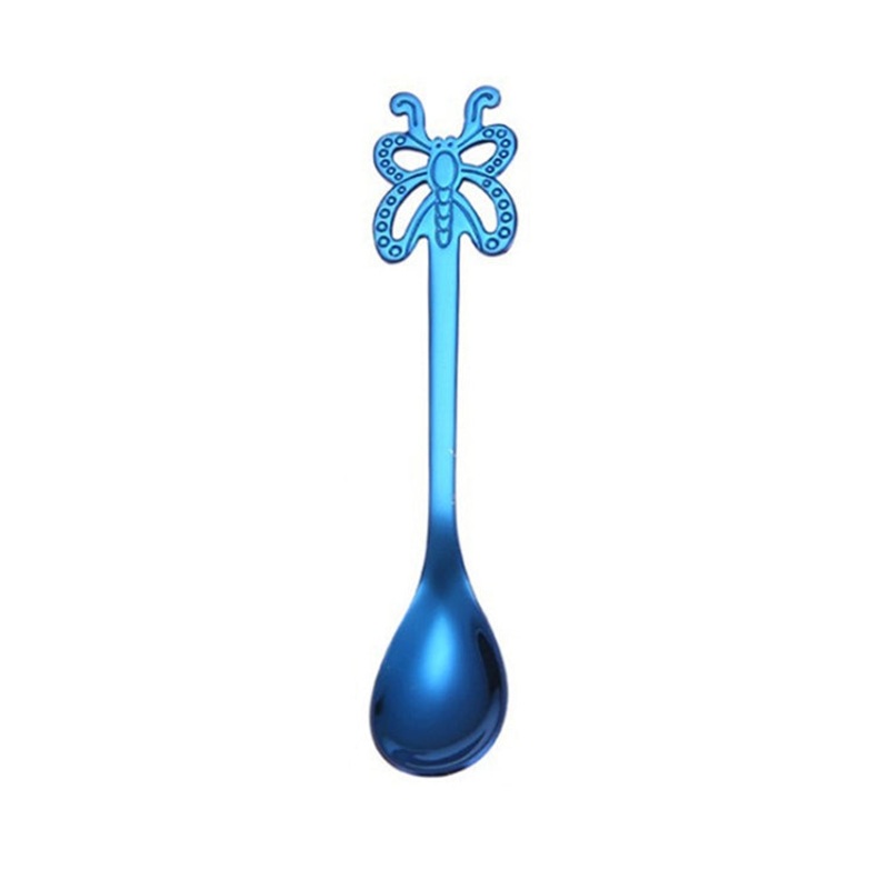 Multicolor Stainless Steel Butterfly Coffee Spoon Fruit Cold Drink Ice Cream Dessert Tea Spoon, Color:Blue