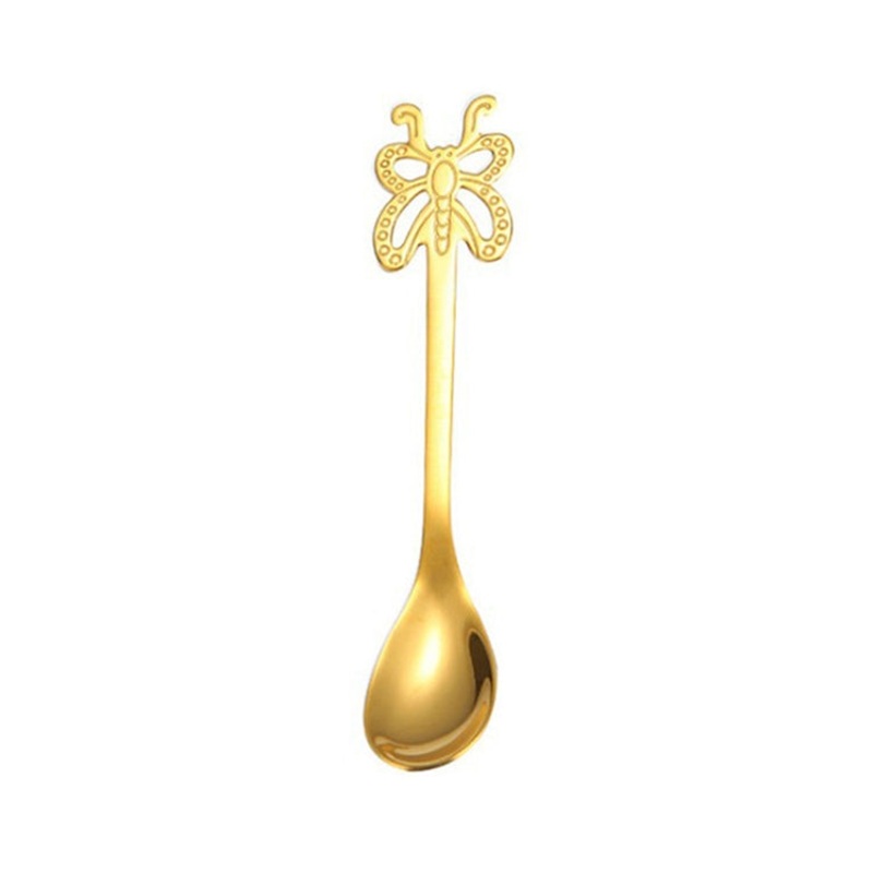 Multicolor Stainless Steel Butterfly Coffee Spoon Fruit Cold Drink Ice Cream Dessert Tea Spoon, Color:Gold