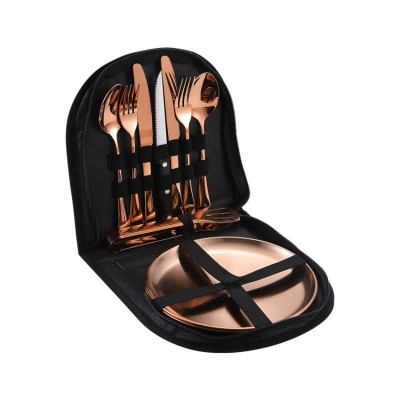 Stainless Steel Portable Cutlery Set Western Steak Knife Fork Spoon Set,Color: Black Rose Gold