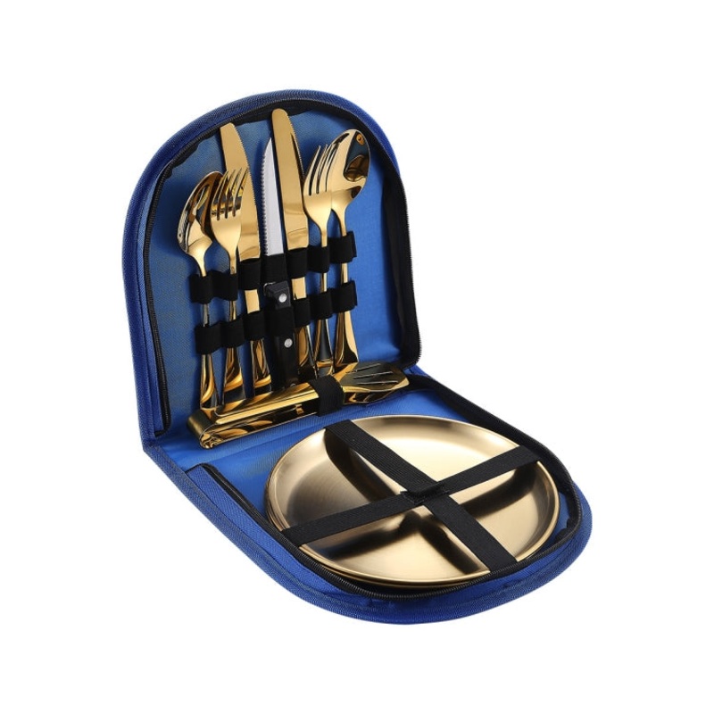 Stainless Steel Portable Cutlery Set Western Steak Knife Fork Spoon Set,Color: Blue Gold