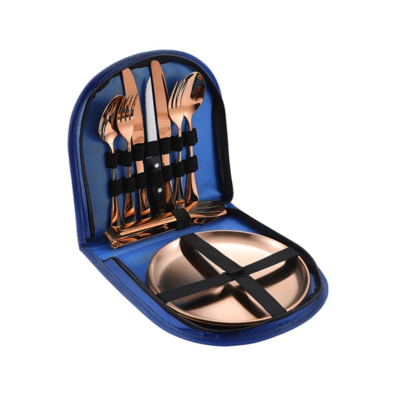 Stainless Steel Portable Cutlery Set Western Steak Knife Fork Spoon Set,Color: Blue Rose Gold