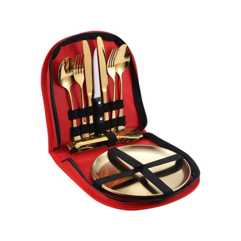 Stainless Steel Portable Cutlery Set Western Steak Knife Fork Spoon Set,Color: Red Gold