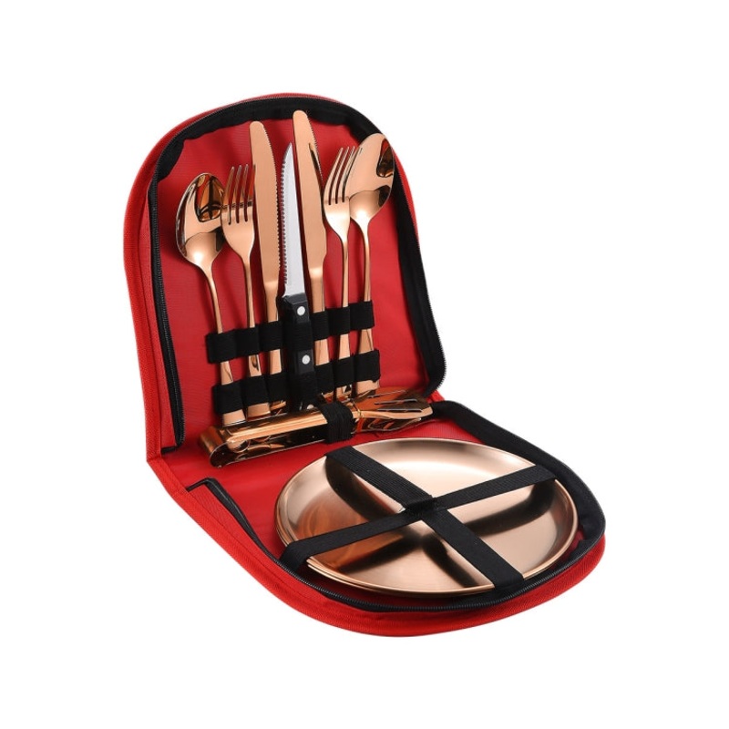 Stainless Steel Portable Cutlery Set Western Steak Knife Fork Spoon Set,Color: Red Rose Gold