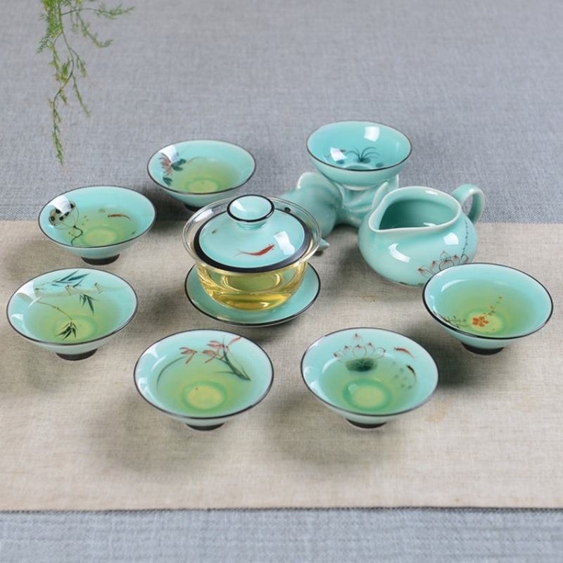 9 in 1 Celadon Ge Kiln Purple Sand Ceramics Complete Set Kung Fu Tea Set