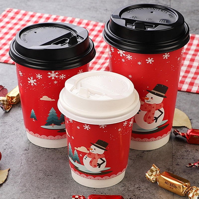 50PCS Christmas New Year Red Thick Hot Drink Paper Cup Snowman Pattern Disposable Coffee Milk Tea Packaging Cups with Cover – Paper Cup and Disposable Paper Coffee Cups price