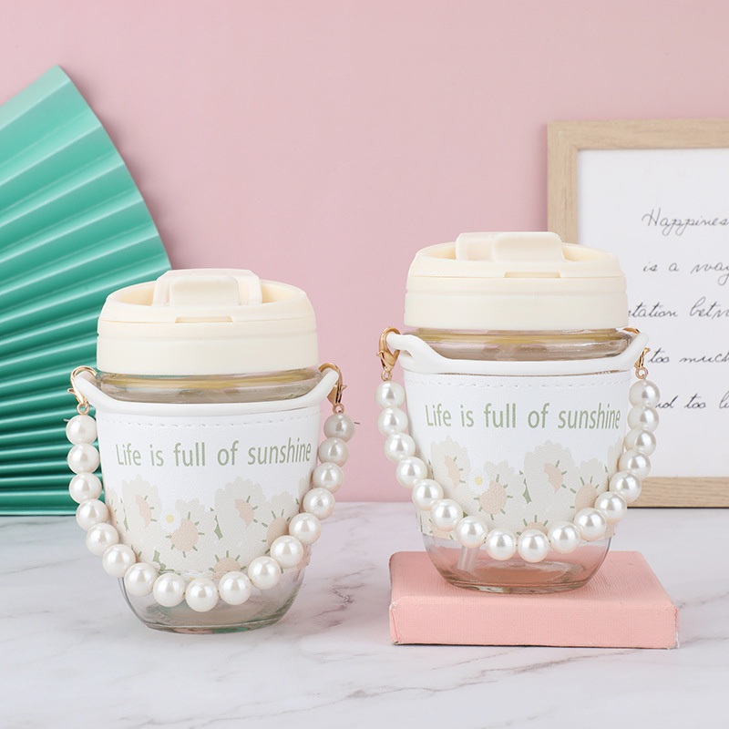 Coffee or Juice Drink Pearl Cup Chain Water Glass Cup with Lid and Straw – Cup with Pearl Chain and Juice Cup price