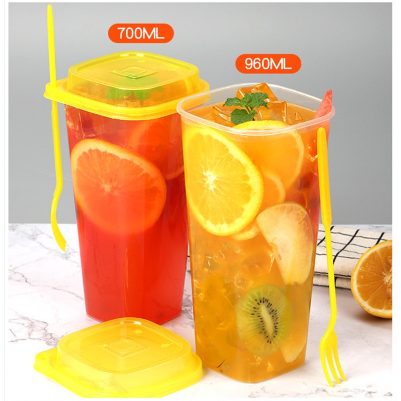 Net Red Milk Tea Cup 700ml 960ml Transparent Hard Plastic Cups Party Favors Square Disposable Coffee Cup with Lid and Fork – 700/960ml Net Red Milk Tea Cup and Plastic Transparent Hot and Cold Drink Cup price
