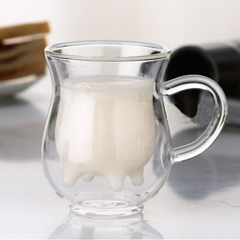 Hot Selling Double Wall Glass Cow Milk Tea Cup, Heat Resistant High Borosilicate Glass Milk Mug with Handle 350ml – Milk Glasses and Espresso Glasses price