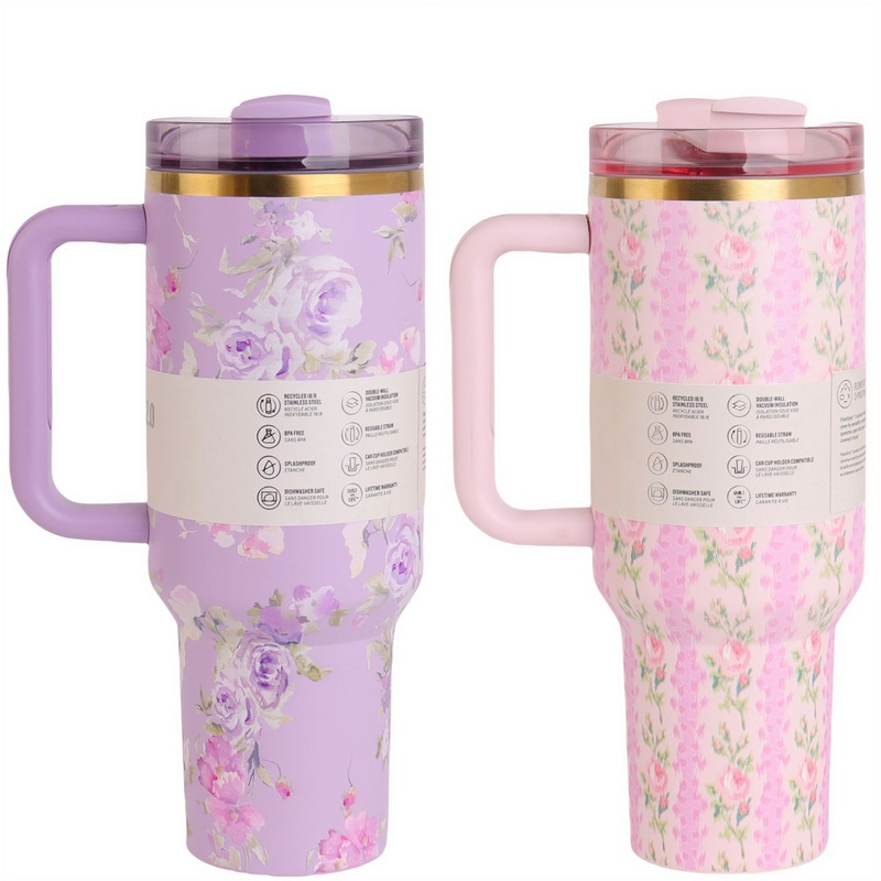 Cross-Border Best-Selling 40oz Ice Cup Flower Series 3D Printed Double-Layer Handle Car-Mounted 304 Stainless Steel Car Cup. – 40oz Outdoor Sports Ice Cream Car Cup and Stainless Steel Thermoses Coffee Mug price