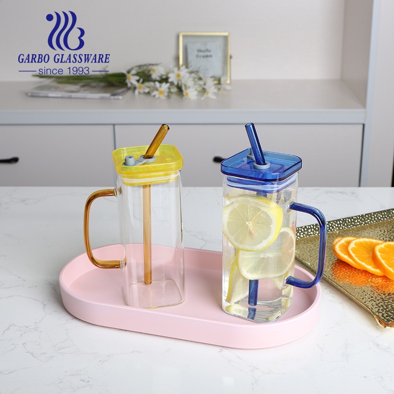 Solid Color Long Rectangle Glass Juice Mug with Lid Hot Drinks Glassware Water Bottle Set with Straw – Glass Cup and Glass Coffee Mug price