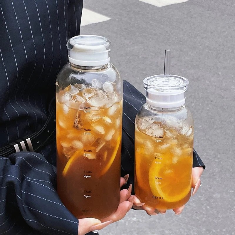 350-750ml Customizable Clear Glass Water Bottle with Double Caps and Straw – Office Cup and Coffee Bottle price