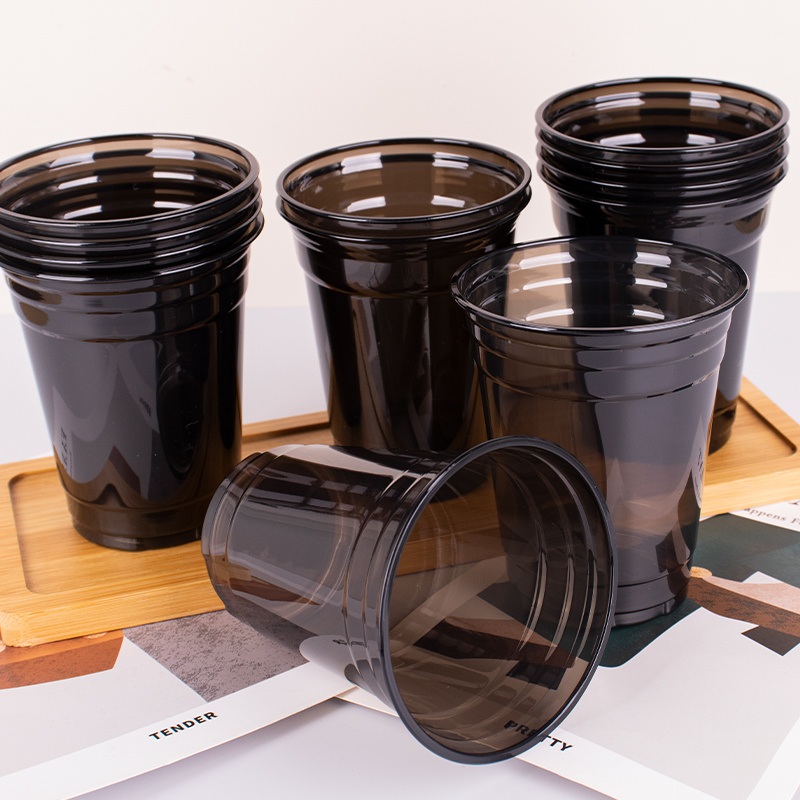 Flat Bottom Black Color Cup Disposable Plastic High Quality Bubble Tea Cold Coffee Cups with Lids 9oz 12oz 16oz – Plastic Cups for Juice and Plastic Cups for Beer price