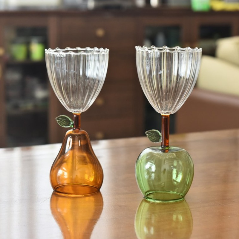 Custom Colored Fruit Shaped Glass Goblet with High Legs Handblown Pottery Apple and Pear Design – Handblown Goblet and Colored Glass Cup price