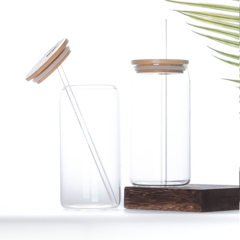 Wholesale Reusable Can Shape 350ml Clear Glass Cup with Bamboo Lid and Straw – Glass Cup and Can Mug price