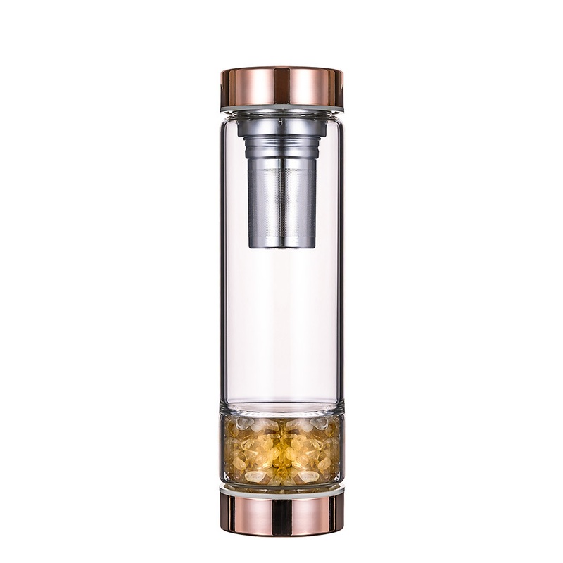 Amazon Factory Rose Gold Lid Clear Borosilicate Glass Water Bottle Tea Infuser with Crystal Obsidian Fluorite – Crystal Water Bottle and Water Bottle price