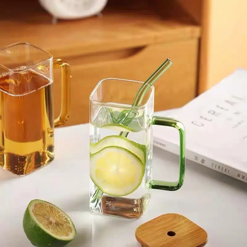 Home Office 400ml Square Glass Bottle Mug with Lid and Handle Straw – Vodka Bottle and Alcohol Water Bottle price