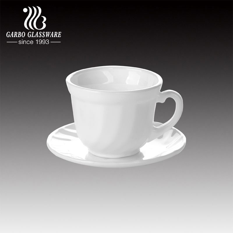 145ml Opal Glass Tempered Coffee Tea Cup and Saucer Sets Engraved Glass Mug Coffee Water Milk Drinking Cup Set for Wholesale – White Opal Glassware and Glass Mug and Saucer price