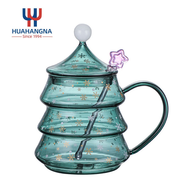 Customized 500ml Handmade High Borosilicate Christmas Tree Shape Glass Coffee Mug with Lid for Gift – Glass Cups and Glass Cup price
