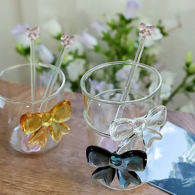 OEM Household Creative Glass Milk Juice Mug Glass Drinking Cup with Blue Bowknot Ornamet – Glass Cup and Drinking Cup price