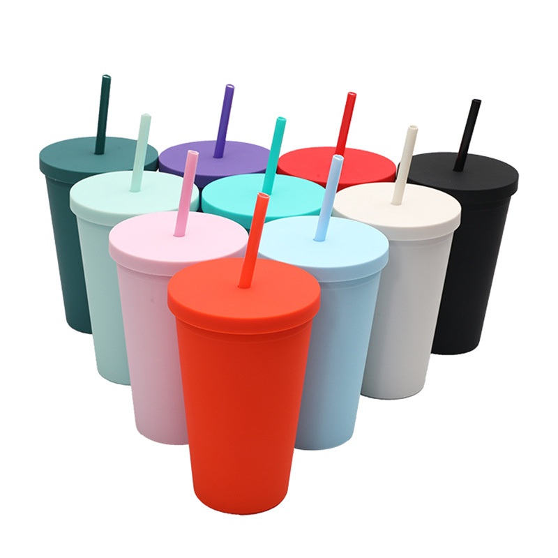 16oz New Modern Simple Water coffee Cup Double Wall Plastic Colored Reusable Straight Sublimation Tumblers Cups with Lids and Straws – Water Bottle and Cup price