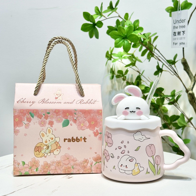 Cartoon Cute Bunny Straw Mug with Lid Creative Ceramic Cup with Box – Party Supply and Holiday Decoration price