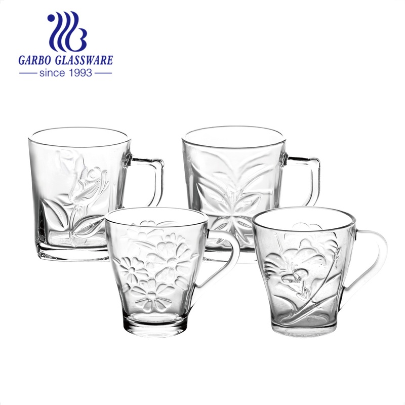 Engraved Design Glass Tea Mug 250ml Cheap Glass Water Cup with Handle China Supply Hot Selling Water Cup – Glass Tea Mug and Flower Embossed Pattern Glass Mug price