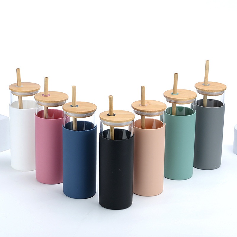 Glass Cup with Bamboo Cover High Borosilicate Glass Straw Cup with Silicone Sleeve – Glass Bottle and Water Cup price