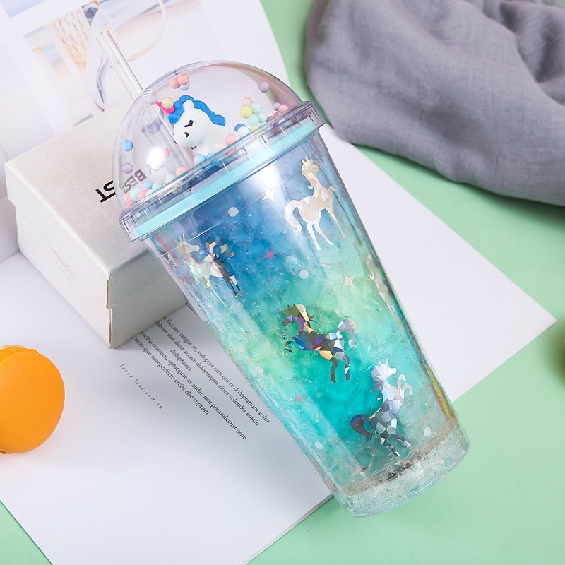 Promotional Summer 450ml Plastic Tumbler Cold Drink Cute Crushed Ice Water Cup Double Wall Ice Cream Water Bottle with Straw – Double Layer Tumblers and Tumbler with Luminous Lid for Christmas price