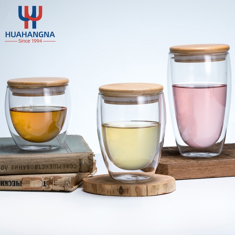 Hand Blown Double Walled Glass Cup, Double Wall Glass Coffee Cups with Bamboo Lid – Glassware and Glass Cups price