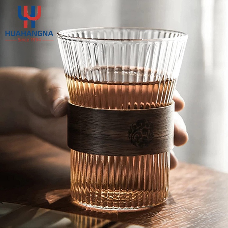 Vertical Grain Heat-Resistant Glass Latte Coffee Cup Tea Cup with Wooden Heat Shield – Drinking Glass and Water Glass price