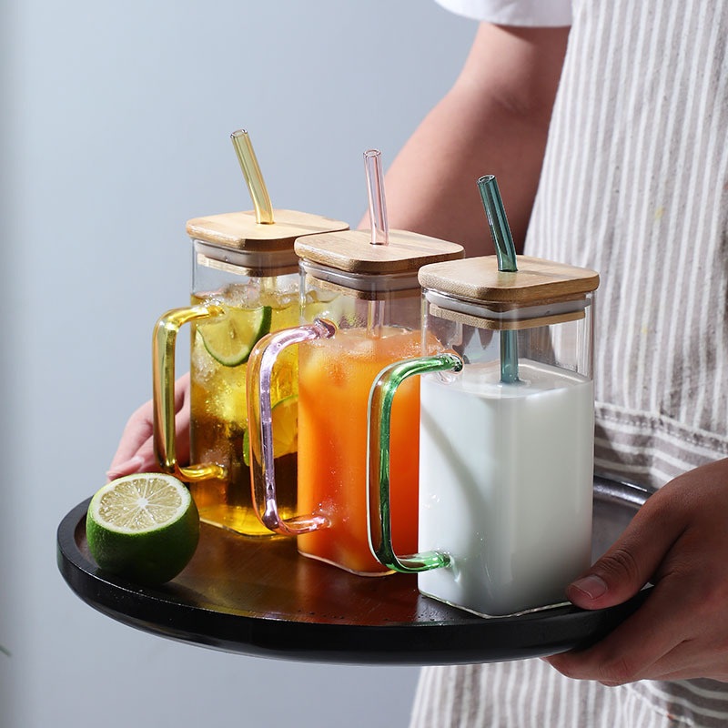 Clear Glass Tumbler with Bamboo Lid and Color Straw Iced Coffee Cup with Colorful Glass Handle Iced Beverage Juice Drinking Mug – Glassware and Mug price