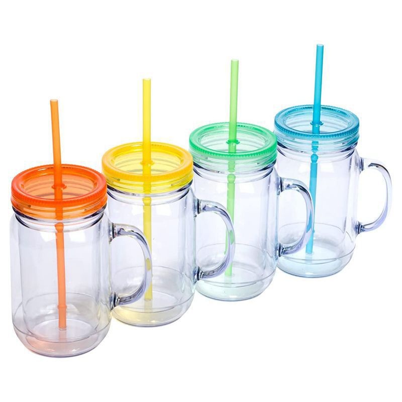 Colorful Lids Wide Mouth Handle Cup 20 Oz Clear Plastic Drinking Bottle Straw Mason Jar Mugs with Lid and Straw – Wide Mouth Handle Cup and Plastic Drinking Bottle price