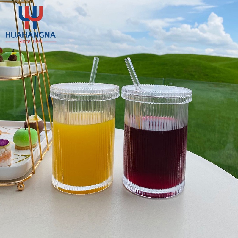Hot Sale 380ml Transparent Bubble Tea Cup Simple Ribbed Vertical Stripes Glass Cup with Lid and Straw – Drinking Glass and Water Glass price