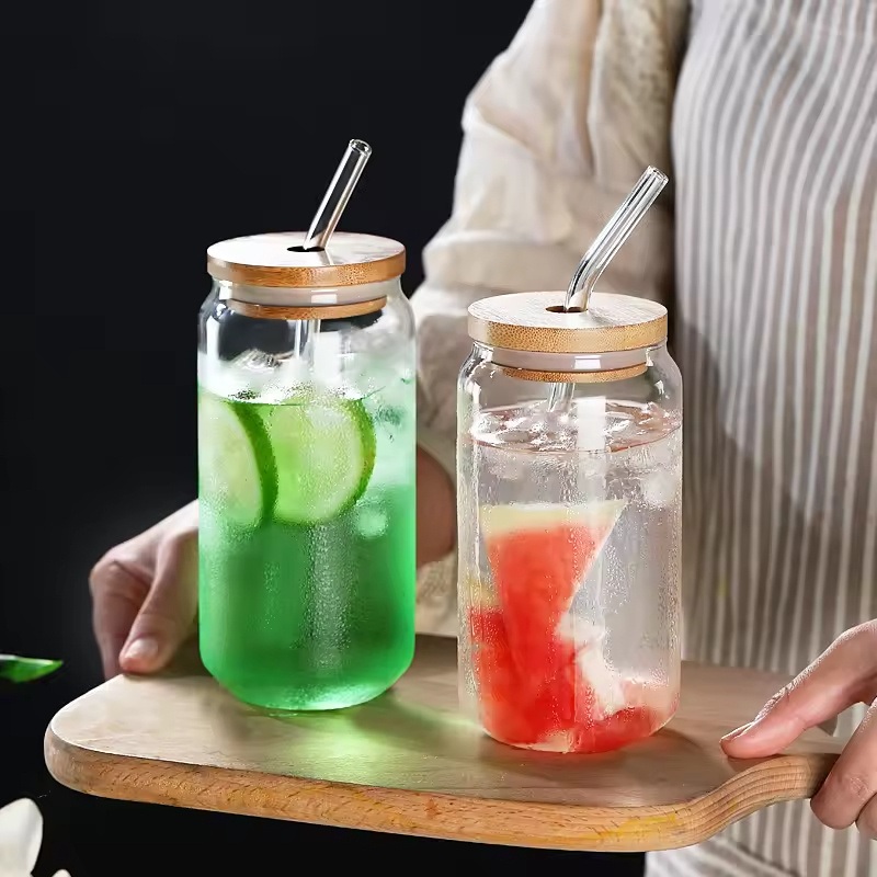 16oz Minimalist Design Glass Tumbler Cup Can Shaped Beer & Iced Coffee Glasses with Bamboo Lids & Glass Straw – Multicolor Cola Cup and Colorful Glass Water Cup price