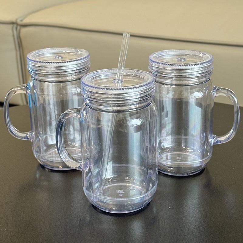 New Double Wall Acrylic Plastic Mug Cup Clear Snow Globe Glitter Mason Jar Tumbler with Handle – Mason Jar Tumbler for Vinyl and Acrylic Plastic Tumbler price