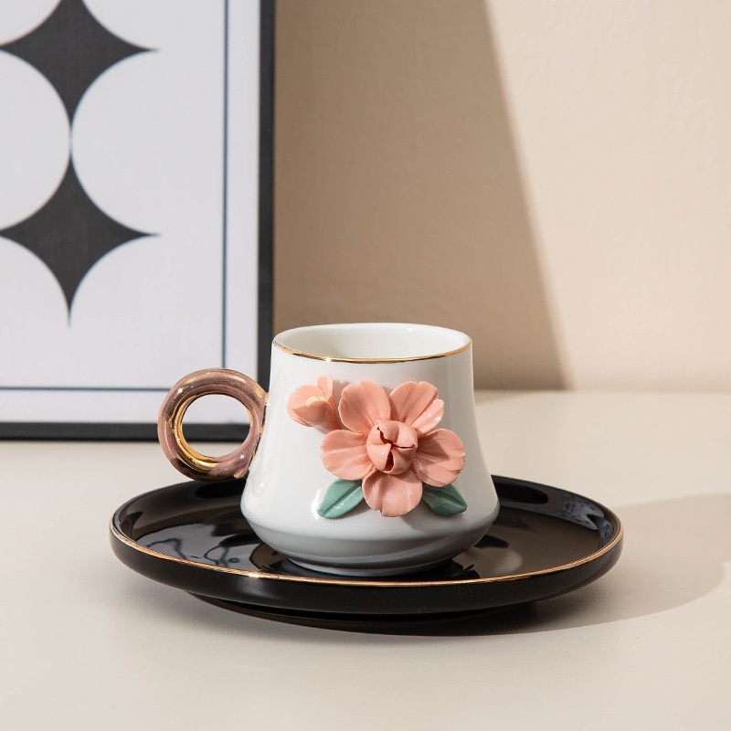 Personalized High Quality Hand Made Flower Porcelain Tea Set Elegant Gold Ceramic Coffee Cup and Saucer with Rose Decoration – Coffee Cup and Gift price